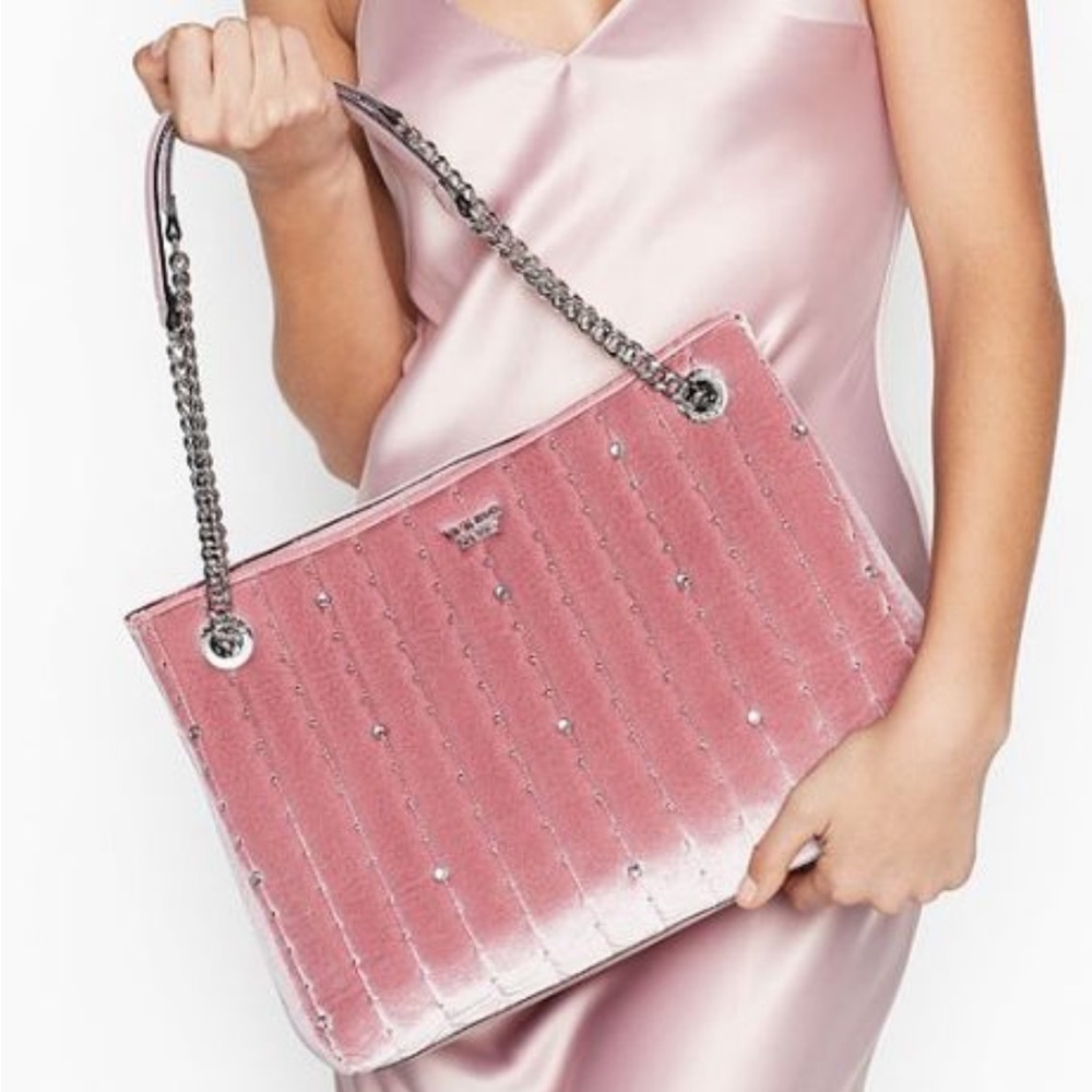 Pink Luxe velvet rhinestone tote bag Victoria’s Secret large shopper carryall